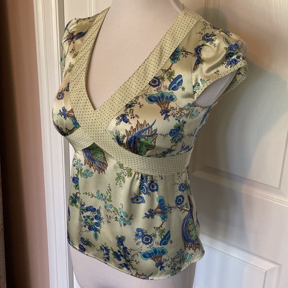 Nanette Lepore 100% Silk Blouse and Cardigan Set Light Green Peacocks 4 S Rare - Picture 5 of 12